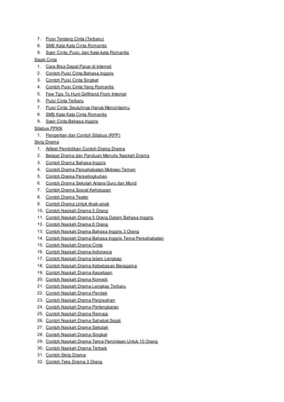 7. Puisi Tentang Cinta (Terbaru) 
8. SMS Kata Kata Cinta Romantis 
9. Syair Cinta, Puisi, dan Kata-kata Romantis 
Sajak Cinta 
1. Cara Bisa Dapat Pacar di Internet 
2. Contoh Puisi Cinta Bahasa Inggris 
3. Contoh Puisi Cinta Singkat 
4. Contoh Puisi Cinta Yang Romantis 
5. Few Tips To Hunt Girlfriend From Internet 
6. Puisi Cinta Terbaru 
7. Puisi Cinta: Seutuhnya Hanya Mencintaimu 
8. SMS Kata Kata Cinta Romantis 
9. Syair Cinta Bahasa Inggris 
Silabus PPKN 
1. Pengertian dan Contoh Silabus (RPP) 
Skrip Drama 
1. Artikel Pendidikan Contoh Dialog Drama 
2. Belajar Drama dan Panduan Menulis Naskah Drama 
3. Contoh Drama Bahasa Inggris 
4. Contoh Drama Persahabatan Motivasi Teman 
5. Contoh Drama Perselingkuhan 
6. Contoh Drama Sekolah Antara Guru dan Murid 
7. Contoh Drama Sosial Kehidupan 
8. Contoh Drama Teater 
9. Contoh Drama Untuk Anak-anak 
10. Contoh Naskah Drama 5 Orang 
11. Contoh Naskah Drama 5 Orang Dalam Bahasa Inggris 
12. Contoh Naskah Drama 6 Orang 
13. Contoh Naskah Drama Bahasa Inggris 3 Orang 
14. Contoh Naskah Drama Bahasa Inggris Tema Persahabatan 
15. Contoh Naskah Drama Cinta 
16. Contoh Naskah Drama Indonesia 
17. Contoh Naskah Drama Islam Lengkap 
18. Contoh Naskah Drama Kebebasan Beragama 
19. Contoh Naskah Drama Kesetiaan 
20. Contoh Naskah Drama Komedi 
21. Contoh Naskah Drama Lengkap Terbaru 
22. Contoh Naskah Drama Pendek 
23. Contoh Naskah Drama Perpisahan 
24. Contoh Naskah Drama Pertengkaran 
25. Contoh Naskah Drama Remaja 
26. Contoh Naskah Drama Sahabat Sejati 
27. Contoh Naskah Drama Sekolah 
28. Contoh Naskah Drama Singkat 
29. Contoh Naskah Drama Tema Percintaan Untuk 10 Orang 
30. Contoh Naskah Drama Terbaik 
31. Contoh Skrip Drama 
32. Contoh Teks Drama 3 Orang 
 