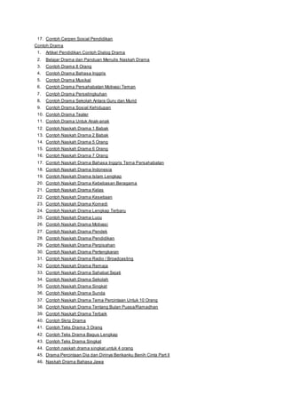 17. Contoh Cerpen Sosial Pendidikan 
Contoh Drama 
1. Artikel Pendidikan Contoh Dialog Drama 
2. Belajar Drama dan Panduan Menulis Naskah Drama 
3. Contoh Drama 8 Orang 
4. Contoh Drama Bahasa Inggris 
5. Contoh Drama Musikal 
6. Contoh Drama Persahabatan Motivasi Teman 
7. Contoh Drama Perselingkuhan 
8. Contoh Drama Sekolah Antara Guru dan Murid 
9. Contoh Drama Sosial Kehidupan 
10. Contoh Drama Teater 
11. Contoh Drama Untuk Anak-anak 
12. Contoh Naskah Drama 1 Babak 
13. Contoh Naskah Drama 2 Babak 
14. Contoh Naskah Drama 5 Orang 
15. Contoh Naskah Drama 6 Orang 
16. Contoh Naskah Drama 7 Orang 
17. Contoh Naskah Drama Bahasa Inggris Tema Persahabatan 
18. Contoh Naskah Drama Indonesia 
19. Contoh Naskah Drama Islam Lengkap 
20. Contoh Naskah Drama Kebebasan Beragama 
21. Contoh Naskah Drama Kelas 
22. Contoh Naskah Drama Kesetiaan 
23. Contoh Naskah Drama Komedi 
24. Contoh Naskah Drama Lengkap Terbaru 
25. Contoh Naskah Drama Lucu 
26. Contoh Naskah Drama Motivasi 
27. Contoh Naskah Drama Pendek 
28. Contoh Naskah Drama Pendidikan 
29. Contoh Naskah Drama Perpisahan 
30. Contoh Naskah Drama Pertengkaran 
31. Contoh Naskah Drama Radio / Broadcasting 
32. Contoh Naskah Drama Remaja 
33. Contoh Naskah Drama Sahabat Sejati 
34. Contoh Naskah Drama Sekolah 
35. Contoh Naskah Drama Singkat 
36. Contoh Naskah Drama Sunda 
37. Contoh Naskah Drama Tema Percintaan Untuk 10 Orang 
38. Contoh Naskah Drama Tentang Bulan Puasa/Ramadhan 
39. Contoh Naskah Drama Terbaik 
40. Contoh Skrip Drama 
41. Contoh Teks Drama 3 Orang 
42. Contoh Teks Drama Bagus Lengkap 
43. Contoh Teks Drama Singkat 
44. Contoh naskah drama singkat untuk 4 orang 
45. Drama Percintaan Dia dan Dirinya Berikanku Benih Cinta Part II 
46. Naskah Drama Bahasa Jawa 
 