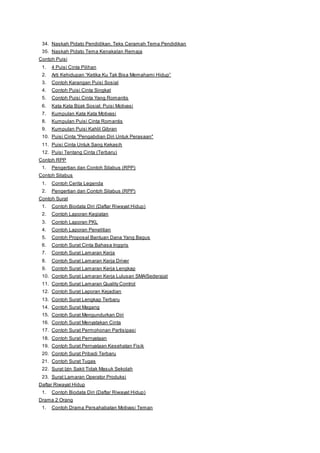 34. Naskah Pidato Pendidikan, Teks Ceramah Tema Pendidikan 
35. Naskah Pidato Tema Kenakalan Remaja 
Contoh Puisi 
1. 4 Puisi Cinta Pilihan 
2. Arti Kehidupan “Ketika Ku Tak Bis a Memahami Hidup” 
3. Contoh Karangan Puisi Sosial 
4. Contoh Puisi Cinta Singkat 
5. Contoh Puisi Cinta Yang Romantis 
6. Kata Kata Bijak Sosial: Puisi Motivasi 
7. Kumpulan Kata Kata Motivasi 
8. Kumpulan Puisi Cinta Romantis 
9. Kumpulan Puisi Kahlil Gibran 
10. Puisi Cinta "Pengabdian Diri Untuk Perasaan" 
11. Puisi Cinta Untuk Sang Kekasih 
12. Puisi Tentang Cinta (Terbaru) 
Contoh RPP 
1. Pengertian dan Contoh Silabus (RPP) 
Contoh Silabus 
1. Contoh Cerita Legenda 
2. Pengertian dan Contoh Silabus (RPP) 
Contoh Surat 
1. Contoh Biodata Diri (Daftar Riwayat Hidup) 
2. Contoh Laporan Kegiatan 
3. Contoh Laporan PKL 
4. Contoh Laporan Penelitian 
5. Contoh Proposal Bantuan Dana Yang Bagus 
6. Contoh Surat Cinta Bahasa Inggris 
7. Contoh Surat Lamaran Kerja 
8. Contoh Surat Lamaran Kerja Driver 
9. Contoh Surat Lamaran Kerja Lengkap 
10. Contoh Surat Lamaran Kerja Lulusan SMA/Sederajat 
11. Contoh Surat Lamaran Quality Control 
12. Contoh Surat Laporan Kejadian 
13. Contoh Surat Lengkap Terbaru 
14. Contoh Surat Magang 
15. Contoh Surat Mengundurkan Diri 
16. Contoh Surat Menyatakan Cinta 
17. Contoh Surat Permohonan Partisipasi 
18. Contoh Surat Pernyataan 
19. Contoh Surat Pernyataan Kesehatan Fisik 
20. Contoh Surat Pribadi Terbaru 
21. Contoh Surat Tugas 
22. Surat Izin Sakit Tidak Masuk Sekolah 
23. Surat Lamaran Operator Produksi 
Daftar Riwayat Hidup 
1. Contoh Biodata Diri (Daftar Riwayat Hidup) 
Drama 2 Orang 
1. Contoh Drama Persahabatan Motivasi Teman 
 