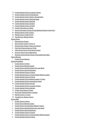 13. Contoh Naskah Drama Lengkap Terbaru 
14. Contoh Naskah Drama Pertengkaran 
15. Contoh Naskah Drama Radio / Broadcasting 
16. Contoh Naskah Drama Sahabat Sejati 
17. Contoh Naskah Drama Sekolah 
18. Contoh Naskah Drama Singkat 
19. Contoh Naskah Drama Terbaik 
20. Contoh Teks Drama 3 Orang 
21. Drama Percintaan Dia dan Dirinya Berikanku Benih Cinta Part II 
22. Naskah Drama Cinta 2 Orang 
23. Naskah Drama Teater Part III 
24. Tips Bermain Adegan Drama 
Drama Korea 
1. Drama Korea Terbaru 
2. Drama Korea Terbaru Tahun Ini 
3. Drama Korea Terbaru Tayang di Indosiar 
4. Foto Foto Drama Korea Lie To Me 
5. Inilah Drama Korea Yang Paling Populer 
6. Sinopsis Drama Korea May Queen 
7. Sinopsis Drama Korea Terbaru Cheongdamdong Alice 
Drama Musikal 
1. Contoh Drama Musikal 
Drama Pendidikan 
1. Contoh Drama 8 Orang 
2. Contoh Drama Bahasa Inggris 
3. Contoh Drama Sekolah Antara Guru dan Murid 
4. Contoh Drama Sosial Kehidupan 
5. Contoh Naskah Drama 5 Orang 
6. Contoh Naskah Drama 5 Orang Dalam Bahas a Inggris 
7. Contoh Naskah Drama 6 Orang 
8. Contoh Naskah Drama Bahasa Inggris 3 Orang 
9. Contoh Naskah Drama Kepedulian Sosial 
10. Contoh Naskah Drama Komedi 
11. Contoh Naskah Drama Lengkap Terbaru 
12. Contoh Naskah Drama Sekolah 
13. Contoh Teks Drama 3 Orang 
14. Kumpulan Naskah Drama Lengkap 
15. Naskah drama 12 orang 
16. Tips Bermain Adegan Drama 
Drama SMA 
1. Contoh Drama 8 Orang 
2. Contoh Drama Bahasa Inggris 
3. Contoh Drama Persahabatan Motivasi Teman 
4. Contoh Drama Sekolah Antara Guru dan Murid 
5. Contoh Drama Sosial Kehidupan 
6. Contoh Naskah Drama 5 Orang 
7. Contoh Naskah Drama 5 Orang Dalam Bahasa Inggris 
8. Contoh Naskah Drama 6 Orang 
 