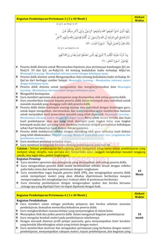 Kegiatan Pembelajaran Pertemuan 3 ( 2 x 40 Menit )
Alokasi
Waktu
 Peserta didik diminta untuk Merumuskan hipotesis atau pertanyaan kandungan Q.S an-
Nisā/4: 59 dan Q.S. an-Naḥl/16: 64 tentang kedudukan hadis terhadap AlQur’an.
Meaningful Learning - Menekankan relevansi materi dengan kehidupan nyata
 Peserta didik diminta untuk Mengumpulkan data tentang kedudukan hadis terhadap Al-
Qur’an dari berbagai sumber belajar. Meaningful Learning - Menekankan relevansi materi
dengan kehidupan nyata
 Peserta didik diminta untuk menganalisis dan mengiterpretasikan data Meaningful
Learning - Menekankan relevansi materi dengan kehidupan nyata.
 Mengambil kesimpulan.
 Guru memberi apresiasi atas pemaparan yang disampaikan oleh setiap peserta didik.
 Guru memberikan bantuan kepada peserta didik dalam kelompok atau individual untuk
masalah-masalah yang dianggap sulit oleh peserta didik.
 Peserta didik dalam kelompok masing-masing atau individual dengan bimbingan guru,
untuk dapat mengaitkan, merumuskan, dan menyimpulkan serta memberikan bantuan
untuk menyajikan hasil pemecahan masalah yang telah diperoleh. Meaningful Learning -
Menekankan relevansi materi dengan kehidupan nyata Menyajikan secara tertulis dan lisan
hasil pembelajaran atau apa yang telah dipelajari pada tingkat kelas atau tingkat
kelompok mulai dari apa yang telah dipahami berkaitan dengan permasahan kehidupan
sehari-hari berdasarkan hasil diskusi dan pengamatan.
 Peserta didik melakukan refleksi dengan dibimbing oleh guru terhadap hasil diskusi
yang telah dilaksanakan. Mindful Learning- Membuat Siswa lebih sadar akan pengalaman dan
pemahaman mereka)
 Guru membuat penilaian terhadap siswa.
 Guru membuat kesimpulan bersama tentang pembelajaran pada hari ini
Catatan : Selama pembelajaran berlangsung, guru mengamati sikap siswa dalam pembelajaran yang
meliputi sikap: disiplin, rasa percaya diri, berperilaku jujur, tangguh menghadapi masalah tanggung
jawab, rasa ingin tahu, peduli lingkungan)
Kegiatan Penutup
 Guru memberi apresiasi atas pemaparan yang disampaikan oleh setiap peserta didik.
 Guru mengarahkan peserta didik untuk memfasilitasi refleksi sesuai dengan refleksi
pada buku siswa dan menutup pertemuan dengan rangkuman
 Guru memberikan tugas kepada peserta didik (PR), dan mengingatkan peserta didik
untuk mempelajari materi yang akan dibahas dipertemuan berikutnya maupun
mempersiapkan diri menghadapi tes/ evaluasi akhir di pertemuan berikutnya
 Guru menutup pembelajaran dengan mengucupkan syukur dan berdoa bersama
semoga apa yang dipelajari hari ini dapat dipahami dengan baik.
10
Menit
Kegiatan Pembelajaran Pertemuan 4 ( 2 x 40 Menit )
Alokasi
Waktu
Kegiatan Pendahuluan
 Guru memberi salam sebagai pembuka pelajaran dan berdoa sebelum memulai
pembelajaran, kemudian memeriksa kehadiran peserta didik;
 Guru mengkondisikan suasana belajar yang menyenangkan di dalam kelas
 Menyiapkan fisik dan psikis peserta didik dalam mengawali kegiatan pembelajaran
 Guru mengulas kembali materi pada pembelajaran sebelumnya.
 Dengan merujuk dimensi profil pelajar pancasila, guru menyampaikan butir karakter
yang hendak dikembangkan selain yang terkait dengan materi.
 Guru memberikan motivasi dan mengajukan pertanyaan yang berkaitan dengan materi
pembelajaran, menyampaikan cakupan materi, tujuan pembelajaran, dan kegiatan yang
10
menit
 