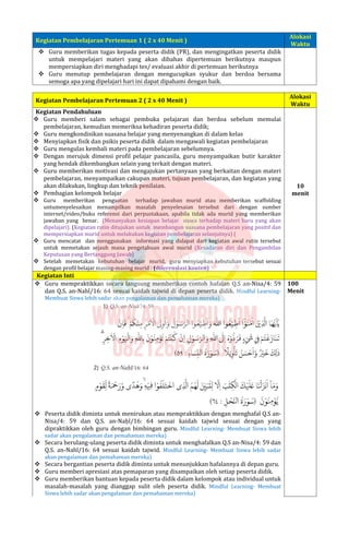 Kegiatan Pembelajaran Pertemuan 1 ( 2 x 40 Menit )
Alokasi
Waktu
 Guru memberikan tugas kepada peserta didik (PR), dan mengingatkan peserta didik
untuk mempelajari materi yang akan dibahas dipertemuan berikutnya maupun
mempersiapkan diri menghadapi tes/ evaluasi akhir di pertemuan berikutnya
 Guru menutup pembelajaran dengan mengucupkan syukur dan berdoa bersama
semoga apa yang dipelajari hari ini dapat dipahami dengan baik.
Kegiatan Pembelajaran Pertemuan 2 ( 2 x 40 Menit )
Alokasi
Waktu
Kegiatan Pendahuluan
 Guru memberi salam sebagai pembuka pelajaran dan berdoa sebelum memulai
pembelajaran, kemudian memeriksa kehadiran peserta didik;
 Guru mengkondisikan suasana belajar yang menyenangkan di dalam kelas
 Menyiapkan fisik dan psikis peserta didik dalam mengawali kegiatan pembelajaran
 Guru mengulas kembali materi pada pembelajaran sebelumnya.
 Dengan merujuk dimensi profil pelajar pancasila, guru menyampaikan butir karakter
yang hendak dikembangkan selain yang terkait dengan materi.
 Guru memberikan motivasi dan mengajukan pertanyaan yang berkaitan dengan materi
pembelajaran, menyampaikan cakupan materi, tujuan pembelajaran, dan kegiatan yang
akan dilakukan, lingkup dan teknik penilaian.
 Pembagian kelompok belajar
 Guru memberikan penguatan terhadap jawaban murid atau memberikan scaffolding
untumenyelesaikan menampilkan masalah penyelesaian tersebut dari dengan sumber
internet/video/buku referensi dari perpustakaan, apabila tidak ada murid yang memberikan
jawaban yang benar. (Menanyakan kesiapan belajar siswa terhadap materi baru yang akan
dipelajari). (Kegiatan rutin ditujukan untuk membangun suasana pembelajaran yang positif dan
mempersiapkan murid untuk melakukan kegiatan pembelajaran selanjutnya) (
 Guru mencatat dan menggunakan informasi yang didapat dari kegiatan awal rutin tersebut
untuk memetakan sejauh mana pengetahuan awal murid (Kesadaran diri dan Pengambilan
Keputusan yang Bertanggung Jawab)
 Setelah memetakan kebutuhan belajar murid, guru menyiapkan kebutuhan tersebut sesuai
dengan profil belajar masing-masing murid : (diferensiasi konten)
10
menit
Kegiatan Inti
 Guru mempraktikkan secara langsung memberikan contoh hafalan Q.S an-Nisa/4: 59
dan Q.S. an-Nahl/16: 64 sesuai kaidah tajwid di depan peserta didik. Mindful Learning-
Membuat Siswa lebih sadar akan pengalaman dan pemahaman mereka)
 Peserta didik diminta untuk menirukan atau mempraktikkan dengan menghafal Q.S an-
Nisa/4: 59 dan Q.S. an-Naḥl/16: 64 sesuai kaidah tajwid sesuai dengan yang
dipraktikkan oleh guru dengan bimbingan guru. Mindful Learning- Membuat Siswa lebih
sadar akan pengalaman dan pemahaman mereka)
 Secara berulang-ulang peserta didik diminta untuk menghafalkan Q.S an-Nisa/4: 59 dan
Q.S. an-Nahl/16: 64 sesuai kaidah tajwid. Mindful Learning- Membuat Siswa lebih sadar
akan pengalaman dan pemahaman mereka)
 Secara bergantian peserta didik diminta untuk menunjukkan hafalannya di depan guru.
 Guru memberi apresiasi atas pemaparan yang disampaikan oleh setiap peserta didik.
 Guru memberikan bantuan kepada peserta didik dalam kelompok atau individual untuk
masalah-masalah yang dianggap sulit oleh peserta didik. Mindful Learning- Membuat
Siswa lebih sadar akan pengalaman dan pemahaman mereka)
100
Menit
 