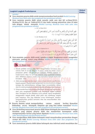 Langkah-Langkah Pembelajaran
Alokasi
Waktu
mereka)
 Guru meminta peserta didik untuk mempresentasikan hasil produk Mindful Learning-
Membuat Siswa lebih sadar akan pengalaman dan pemahaman mereka)
 Guru meminta peserta didik untuk menulis salah satu dari Q.S ar-Rum/30:41,
Ibrahim/14:32, dan az- Zukhruf/43:13 dan hadis tentang pelestarian alam di buku
tulis dengan teknik menyalin. Mindful Learning- Membuat Siswa lebih sadar akan
pengalaman dan pemahaman mereka)
 Guru meminta peserta didik untuk membaca rubrik Rangkuman untuk mengetahui
poin-poin penting materi yang dibahas. Mindful Learning- Membuat Siswa lebih sadar
akan pengalaman dan pemahaman mereka)
 Peserta diminta untuk memperhatikan catatan sejarah berikut, Kemudian
Diskusikan secara kelompok. Simpulan apa yang bisa kalian rumuskan? Mindful
Learning- Membuat Siswa lebih sadar akan pengalaman dan pemahaman mereka)
 Guru berkeliling mencermati peserta didik dalam kelompok dan menemukan berbagai
kesulitan yang dialami peserta didik dan memberikan kesempatan untuk
mempertanyakan hal-hal yang belum dipahami Mindful Learning- Membuat Siswa lebih
sadar akan pengalaman dan pemahaman mereka)
 Guru mengarahkan didik dalam kelompok untuk menyelesaikan permasahan dengan
cermat dan teliti Mindful Learning- Membuat Siswa lebih sadar akan pengalaman dan
pemahaman mereka)
 Guru memotivasi peserta didik dalam kelompok atau indiviual untuk menuliskan dan
 