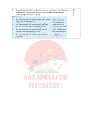 5 Sangat disayangkan karena dapat merusak keseimbangan alam. Caranya
adala dengan mengembangkan dan menggunakan teknologi ramah
lingkungan (atau kebijakan guru)
1 - 4
 