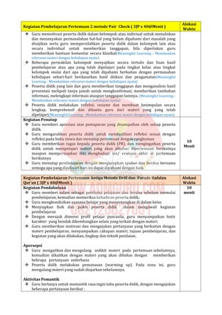 Kegiatan Pembelajaran Pertemuan 2 metode Pair Check ( 3JP x 40@Menit )
Alokasi
Waktu
 Guru memotivasi peserta didik dalam kelompok atau indiviual untuk menuliskan
dan menanyakan permasalahan hal-hal yang belum dipahami dari masalah yang
disajikan serta guru mempersilahkan peserta didik dalam kelompok lain atau
secara individual untuk memberikan tanggapan, bila diperlukan guru
memberikan bantuan komentar secara klasikal(Meaningful Learning - Menekankan
relevansi materi dengan kehidupan nyata)
 Beberapa perwakilan kelompok menyajikan secara tertulis dan lisan hasil
pembelajaran atau apa yang telah dipelajari pada tingkat kelas atau tingkat
kelompok mulai dari apa yang telah dipahami berkaitan dengan permasahan
kehidupan sehari-hari berdasarkan hasil diskusi dan pengamatan(Meaningful
Learning - Menekankan relevansi materi dengan kehidupan nyata)
 Peserta didik yang lain dan guru memberikan tanggapan dan menganalisis hasil
presentasi meliputi tanya jawab untuk mengkonfirmasi, memberikan tambahan
informasi, melengkapi informasi ataupun tanggapan lainnya. (Meaningful Learning -
Menekankan relevansi materi dengan kehidupan nyata)
 Peserta didik melakukan refleksi, resume dan membuat kesimpulan secara
lengkap, komprehensif dan dibantu guru dari materi yang yang telah
dipelajari(Meaningful Learning - Menekankan relevansi materi dengan kehidupan nyata)
Kegiatan Penutup
 Guru memberi apresiasi atas pemaparan yang disampaikan oleh setiap peserta
didik.
 Guru mengarahkan peserta didik untuk memfasilitasi refleksi sesuai dengan
refleksi pada buku siswa dan menutup pertemuan dengan rangkuman
 Guru memberikan tugas kepada peserta didik (PR), dan mengingatkan peserta
didik untuk mempelajari materi yang akan dibahas dipertemuan berikutnya
maupun mempersiapkan diri menghadapi tes/ evaluasi akhir di pertemuan
berikutnya
 Guru menutup pembelajaran dengan mengucupkan syukur dan berdoa bersama
semoga apa yang dipelajari hari ini dapat dipahami dengan baik.
10
Menit
Kegiatan Pembelajaran Pertemuan ketiga Metode Drill dan Parade Hafalan
Qur’an ( 3JP x 40@Menit )
Alokasi
Waktu
Kegiatan Pendahuluan
 Guru memberi salam sebagai pembuka pelajaran dan berdoa sebelum memulai
pembelajaran, kemudian memeriksa kehadiran peserta didik;
 Guru mengkondisikan suasana belajar yang menyenangkan di dalam kelas
 Menyiapkan fisik dan psikis peserta didik dalam mengawali kegiatan
pembelajaran
 Dengan merujuk dimensi profil pelajar pancasila, guru menyampaikan butir
karakter yang hendak dikembangkan selain yang terkait dengan materi.
 Guru memberikan motivasi dan mengajukan pertanyaan yang berkaitan dengan
materi pembelajaran, menyampaikan cakupan materi, tujuan pembelajaran, dan
kegiatan yang akan dilakukan, lingkup dan teknik penilaian.
Apersepsi
 Guru mengaitkan dan mengulang sedikit materi pada pertemuan sebelumnya,
kemudian dikaitkan dengan materi yang akan dibahas dengan memberikan
bebrapa pertanyaan sederhana
 Peserta didik melakukan pemanasan (warming up). Pada zona ini, guru
mengulang materi yang sudah diajarkan sebelumnya.
Aktivitas Pemantik
 Guru bertanya untuk memantik rasa ingin tahu peserta didik, dengan mengajukan
beberapa pertanyaan berikut :
10
menit
 
