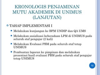KRONOLOGIS PENJAMINAN
MUTU AKADEMIK DI UNIMUS
(LANJUTAN)
 TAHAP IMPLEMENTASI I
 Melakukan kunjungan ke BPM UNDIP dan QA UMS
 Melakukan sosialisasi keberadaan LPM di UNIMUS pada
seluruh staf pengajar (2 kali)
 Melakukan Evaluasi PBM pada seluruh staf tetap
UNIMUS
 Pembuatan laporan ke pimpinan dan melakukan
presentasi hasil evaluasi PBM pada seluruh staf pengajar
tetap UNIMUS
12
 