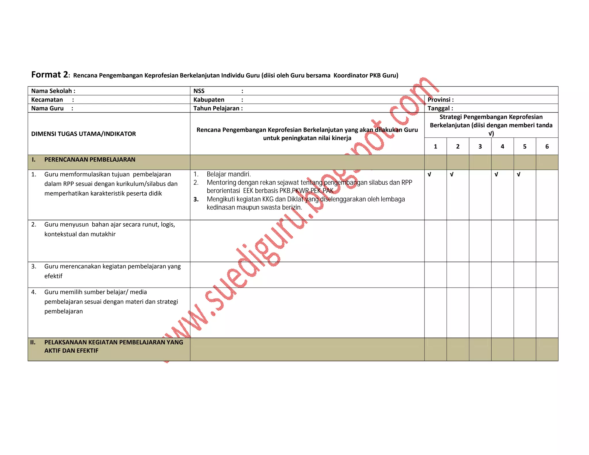 Format 2:

Rencana Pengembangan Keprofesian Berkelanjutan Individu Guru (diisi oleh Guru bersama Koordinator PKB Guru)

Nama Sekolah :
Kecamatan :
Nama Guru :

DIMENSI TUGAS UTAMA/INDIKATOR

NSS
:
Kabupaten
:
Tahun Pelajaran :
Rencana Pengembangan Keprofesian Berkelanjutan yang akan dilakukan Guru
untuk peningkatan nilai kinerja

Provinsi :
Tanggal :
Strategi Pengembangan Keprofesian
Berkelanjutan (diisi dengan memberi tanda
√)
1

I.

Guru memformulasikan tujuan pembelajaran
dalam RPP sesuai dengan kurikulum/silabus dan
memperhatikan karakteristik peserta didik

3

4

5

PERENCANAAN PEMBELAJARAN

1.

2

2.

Guru menyusun bahan ajar secara runut, logis,
kontekstual dan mutakhir

3.

Guru merencanakan kegiatan pembelajaran yang
efektif

4.

Guru memilih sumber belajar/ media
pembelajaran sesuai dengan materi dan strategi
pembelajaran

II.

PELAKSANAAN KEGIATAN PEMBELAJARAN YANG
AKTIF DAN EFEKTIF

1.
2.
3.

Belajar mandiri.
Mentoring dengan rekan sejawat tentang pengembangan silabus dan RPP
berorientasi EEK berbasis PKB,PKWR,PEK,PAK
Mengikuti kegiatan KKG dan Diklat yang diselenggarakan oleh lembaga
kedinasan maupun swasta berizin.

√

√

√

√

6

 