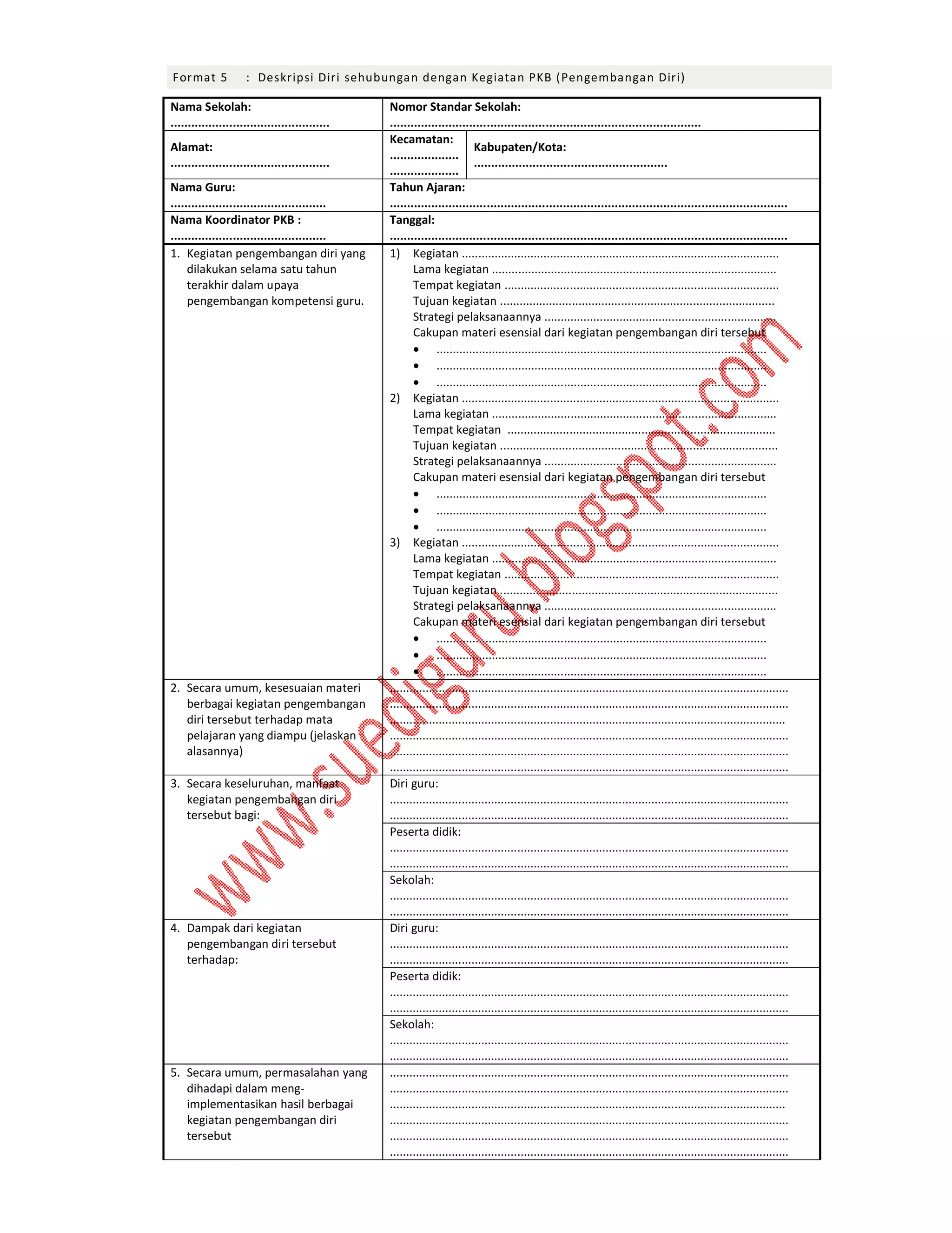 Format 5

: Deskripsi Diri sehubungan dengan Kegiatan PKB (Pengembangan Diri)

Nama Sekolah:
..............................................
Alamat:
..............................................
Nama Guru:
.............................................
Nama Koordinator PKB :
.............................................
1. Kegiatan pengembangan diri yang
dilakukan selama satu tahun
terakhir dalam upaya
pengembangan kompetensi guru.

2. Secara umum, kesesuaian materi
berbagai kegiatan pengembangan
diri tersebut terhadap mata
pelajaran yang diampu (jelaskan
alasannya)
3. Secara keseluruhan, manfaat
kegiatan pengembangan diri
tersebut bagi:

4. Dampak dari kegiatan
pengembangan diri tersebut
terhadap:

5. Secara umum, permasalahan yang
dihadapi dalam mengimplementasikan hasil berbagai
kegiatan pengembangan diri
tersebut

Nomor Standar Sekolah:
..........................................................................................
Kecamatan:
Kabupaten/Kota:
....................
........................................................
....................
Tahun Ajaran:
...................................................................................................................
Tanggal:
...................................................................................................................
1) Kegiatan .................................................................................................
Lama kegiatan .......................................................................................
Tempat kegiatan ....................................................................................
Tujuan kegiatan ....................................................................................
Strategi pelaksanaannya .......................................................................
Cakupan materi esensial dari kegiatan pengembangan diri tersebut
 .....................................................................................................
 .....................................................................................................
 .....................................................................................................
2) Kegiatan .................................................................................................
Lama kegiatan .......................................................................................
Tempat kegiatan ..................................................................................
Tujuan kegiatan .....................................................................................
Strategi pelaksanaannya .......................................................................
Cakupan materi esensial dari kegiatan pengembangan diri tersebut
 .....................................................................................................
 .....................................................................................................
 .....................................................................................................
3) Kegiatan .................................................................................................
Lama kegiatan .......................................................................................
Tempat kegiatan ....................................................................................
Tujuan kegiatan .....................................................................................
Strategi pelaksanaannya .......................................................................
Cakupan materi esensial dari kegiatan pengembangan diri tersebut
 .....................................................................................................
 .....................................................................................................
 .....................................................................................................
..........................................................................................................................
..........................................................................................................................
.........................................................................................................................
..........................................................................................................................
..........................................................................................................................
..........................................................................................................................
Diri guru:
..........................................................................................................................
..........................................................................................................................
Peserta didik:
..........................................................................................................................
..........................................................................................................................
Sekolah:
..........................................................................................................................
..........................................................................................................................
Diri guru:
..........................................................................................................................
..........................................................................................................................
Peserta didik:
..........................................................................................................................
..........................................................................................................................
Sekolah:
..........................................................................................................................
..........................................................................................................................
..........................................................................................................................
..........................................................................................................................
.........................................................................................................................
..........................................................................................................................
..........................................................................................................................
..........................................................................................................................

 