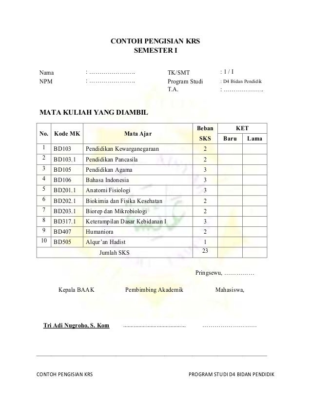 Contoh pengisian krs d4 bidan pendidik