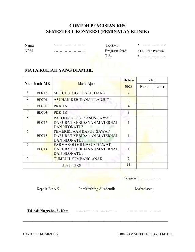 Contoh pengisian krs d4 bidan pendidik