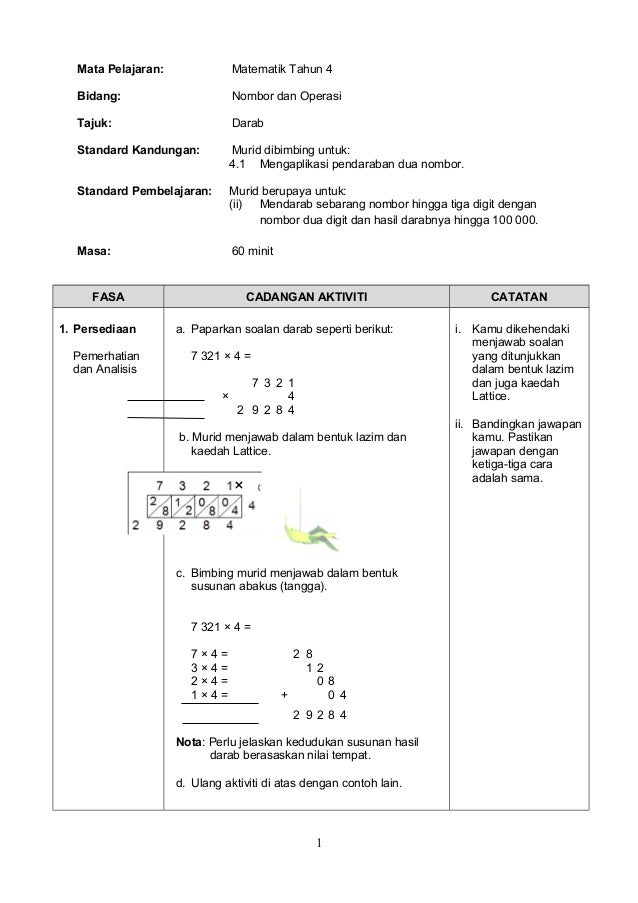 Contoh rancangan mengajar matematik (darab tahun 4 kssr)