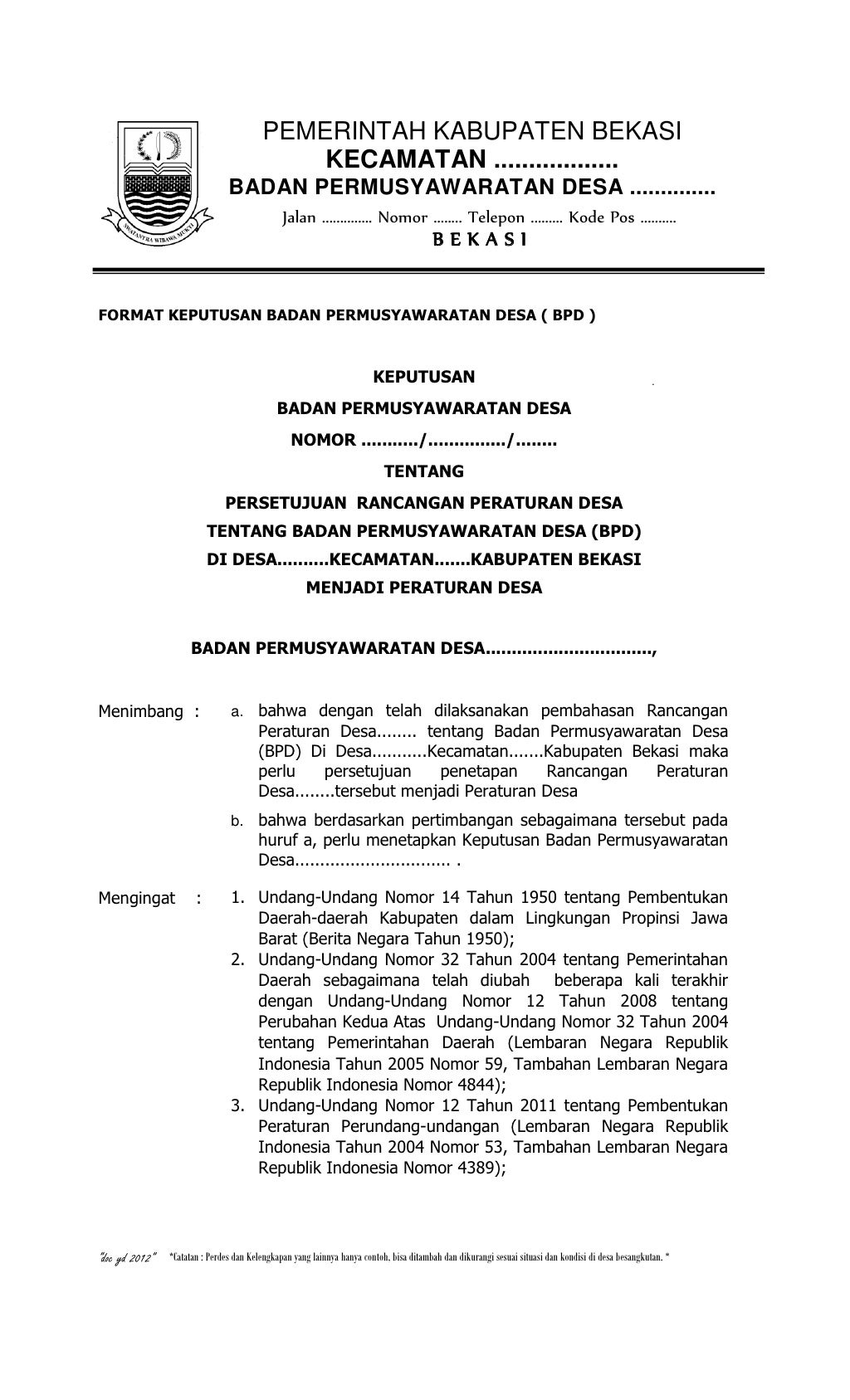 Contoh Peraturan Desa tentang BPD