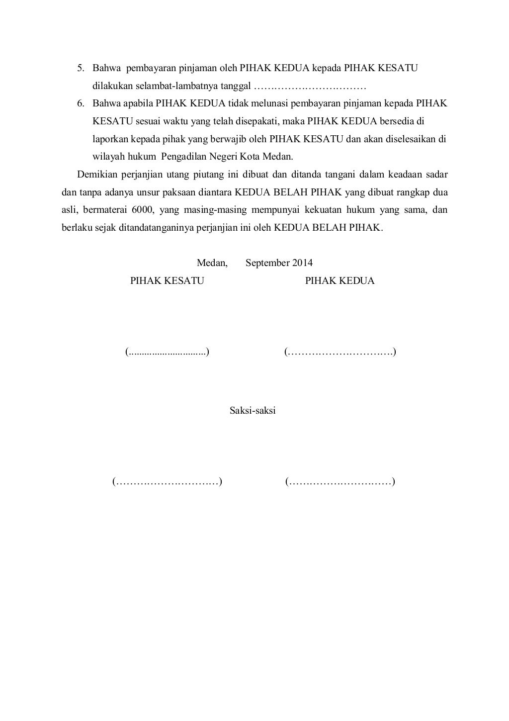 Contoh perjanjian hutang piutang