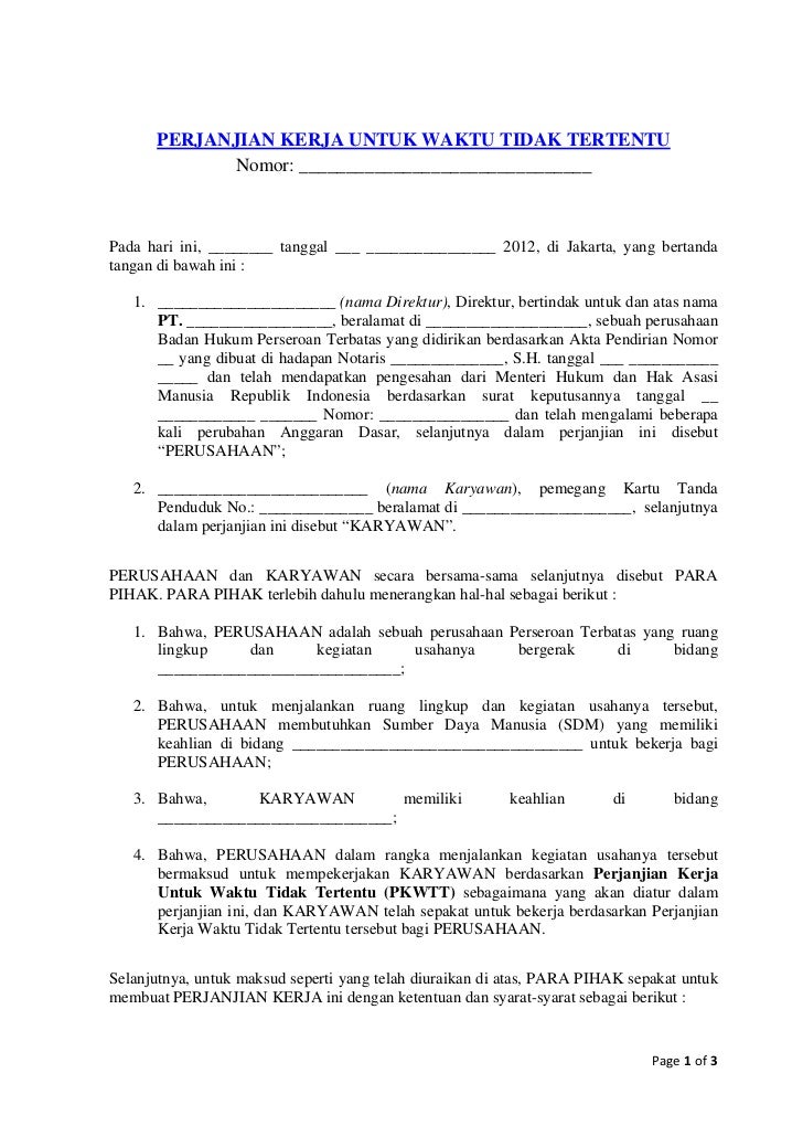 Contoh Perjanjian Kerja Karyawan Tetap Kontrak Pkwtt Dan Pkwt