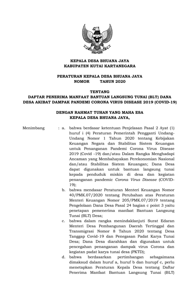 Contoh perkades daftar penerima BLT DD PDF