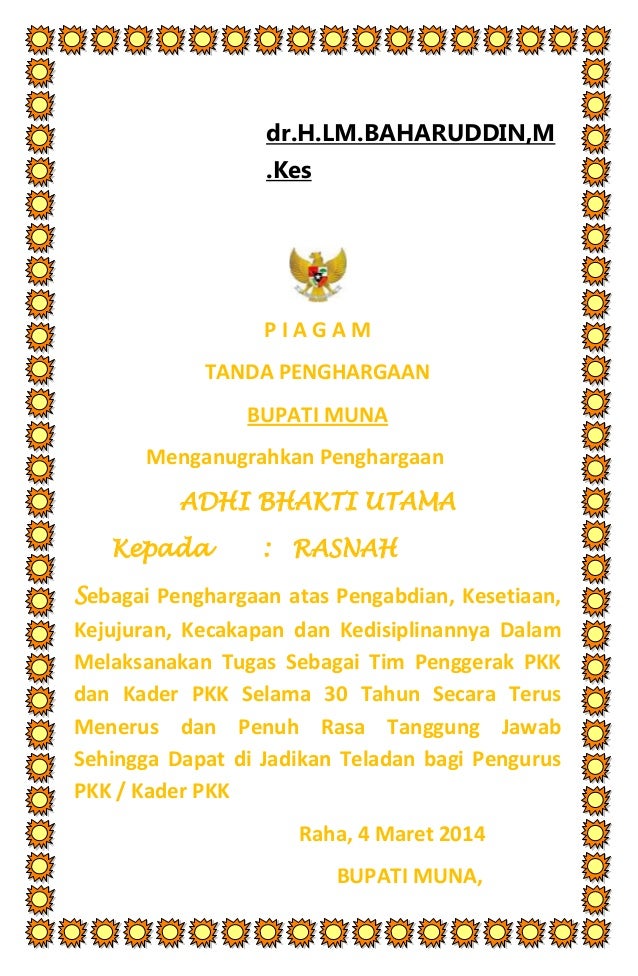 Contoh piagam penghargaan kabupaten muna