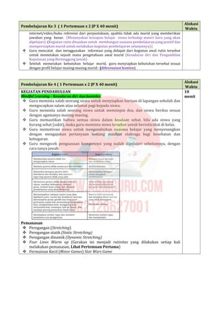 Pembelajaran Ke 3 ( 1 Pertemuan x 2 JP X 40 menit)
Alokasi
Waktu
internet/video/buku referensi dari perpustakaan, apabila tidak ada murid yang memberikan
jawaban yang benar. (Menanyakan kesiapan belajar siswa terhadap materi baru yang akan
dipelajari). (Kegiatan rutin ditujukan untuk membangun suasana pembelajaran yang positif dan
mempersiapkan murid untuk melakukan kegiatan pembelajaran selanjutnya) (
 Guru mencatat dan menggunakan informasi yang didapat dari kegiatan awal rutin tersebut
untuk memetakan sejauh mana pengetahuan awal murid (Kesadaran diri dan Pengambilan
Keputusan yang Bertanggung Jawab)
 Setelah memetakan kebutuhan belajar murid, guru menyiapkan kebutuhan tersebut sesuai
dengan profil belajar masing-masing murid : (diferensiasi konten)
Pembelajaran Ke 4 ( 1 Pertemuan x 2 JP X 40 menit)
Alokasi
Waktu
KEGIATAN PENDAHULUAN
Mindful Learning – Kesadaran diri dan konteks:
 Guru meminta salah seorang siswa untuk menyiapkan barisan di lapangan sekolah dan
mengucapkan salam atau selamat pagi kepada siswa.
 Guru meminta salah seorang siswa untuk memimpin doa, dan siswa berdoa sesuai
dengan agamanya masing-masing.
 Guru memastikan bahwa semua siswa dalam keadaan sehat, bila ada siswa yang
kurang sehat (sakit), maka guru meminta siswa tersebut untuk berisitirahat di kelas.
 Guru memotivasi siswa untuk mengondisikan suasana belajar yang menyenangkan
dengan mengajukan pertanyaan tentang manfaat olahraga bagi kesehatan dan
kebugaran.
 Guru mengecek penguasaan kompetensi yang sudah dipelajari sebelumnya, dengan
cara tanya jawab.
Pemanasan
 Peregangan (Stretching)
 Peregangan statik (Static Stretching)
 Peregangan dinamik (Dynamic Stretching)
 Four Lines Warm up (Gerakan ini menjadi rutinitas yang dilakukan setiap kali
melakukan pemanasan, Lihat Pertemuan Pertama)
 Permainan Kecil (Minor Games) Star Wars Game
10
menit
 