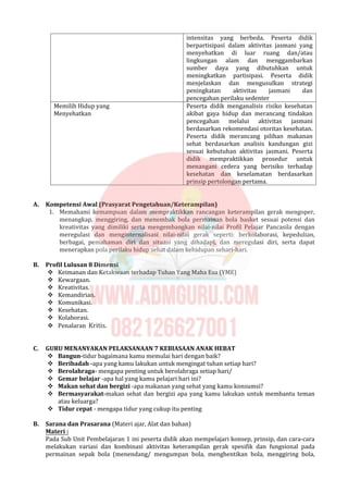 intensitas yang berbeda. Peserta didik
berpartisipasi dalam aktivitas jasmani yang
menyehatkan di luar ruang dan/atau
lingkungan alam dan menggambarkan
sumber daya yang dibutuhkan untuk
meningkatkan partisipasi. Peserta didik
menjelaskan dan mengusulkan strategi
peningkatan aktivitas jasmani dan
pencegahan perilaku sedenter
Memilih Hidup yang
Menyehatkan
Peserta didik menganalisis risiko kesehatan
akibat gaya hidup dan merancang tindakan
pencegahan melalui aktivitas jasmani
berdasarkan rekomendasi otoritas kesehatan.
Peserta didik merancang pilihan makanan
sehat berdasarkan analisis kandungan gizi
sesuai kebutuhan aktivitas jasmani. Peserta
didik mempraktikkan prosedur untuk
menangani cedera yang berisiko terhadap
kesehatan dan keselamatan berdasarkan
prinsip pertolongan pertama.
A. Kompetensi Awal (Prasyarat Pengetahuan/Keterampilan)
1. Memahami kemampuan dalam mempraktikkan rancangan keterampilan gerak mengoper,
menangkap, menggiring, dan menembak bola permainan bola basket sesuai potensi dan
kreativitas yang dimiliki serta mengembangkan nilai-nilai Profil Pelajar Pancasila dengan
meregulasi dan menginternalisasi nilai-nilai gerak seperti: berkolaborasi, kepedulian,
berbagai, pemahaman diri dan situasi yang dihadapi, dan meregulasi diri, serta dapat
menerapkan pola perilaku hidup sehat dalam kehidupan sehari-hari.
B. Profil Lulusan 8 Dimensi
 Keimanan dan Ketakwaan terhadap Tuhan Yang Maha Esa (YME)
 Kewargaan.
 Kreativitas.
 Kemandirian.
 Komunikasi.
 Kesehatan.
 Kolaborasi.
 Penalaran Kritis.
C. GURU MENANYAKAN PELAKSANAAN 7 KEBIASAAN ANAK HEBAT
 Bangun-tidur bagaimana kamu memulai hari dengan baik?
 Beribadah -apa yang kamu lakukan untuk mengingat tuhan setiap hari?
 Berolahraga- mengapa penting untuk berolahraga setiap hari/
 Gemar belajar -apa hal yang kamu pelajari hari ini?
 Makan sehat dan bergizi -apa makanan yang sehat yang kamu konsumsi?
 Bermasyarakat-makan sehat dan bergizi apa yang kamu lakukan untuk membantu teman
atau keluarga?
 Tidur cepat - mengapa tidur yang cukup itu penting
B. Sarana dan Prasarana (Materi ajar, Alat dan bahan)
Materi :
Pada Sub Unit Pembelajaran 1 ini peserta didik akan mempelajari konsep, prinsip, dan cara-cara
melakukan variasi dan kombinasi aktivitas keterampilan gerak spesifik dan fungsional pada
permainan sepak bola (menendang/ mengumpan bola, menghentikan bola, menggiring bola,
 