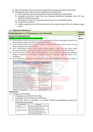 2) Mencari berbagai sumber informasi yang berkaitan dengan permainan sepak bola.
3) Menyiapkan sarana dan prasarana pembelajaran, di antaranya:
a) Bola sepak atau bola sejenisnya (bola volley, bola sepak atau bola plastik).
b) Lapangan permainan sepak bola atau lapangan sejenisnya (lapangan bola voli atau
halaman sekolah) yang aman.
c) Rintangan (corong) atau sejenisnya (botol bekas, kursi atau bilah bambu).
d) ) Peluit dan stopwatch.
e) Lembar tugas peserta didik (student task sheet) yang berisi perintah, dan indikator tugas
gerak.
A. Kegiatan Pembelajaran
Pembelajaran Ke 1-2 ( 2 Pertemuan x 4 JP X 40 menit)
Alokasi
Waktu
KEGIATAN PENDAHULUAN
Mindful Learning – Kesadaran diri dan konteks:
 Guru meminta salah seorang siswa untuk menyiapkan barisan di lapangan sekolah dan
mengucapkan salam atau selamat pagi kepada siswa.
 Guru meminta salah seorang siswa untuk memimpin doa, dan siswa berdoa sesuai
dengan agamanya masing-masing.
 Guru memastikan bahwa semua siswa dalam keadaan sehat, bila ada siswa yang
kurang sehat (sakit), maka guru meminta siswa tersebut untuk berisitirahat di kelas.
 Guru memotivasi siswa untuk mengondisikan suasana belajar yang menyenangkan
dengan mengajukan pertanyaan tentang manfaat olahraga bagi kesehatan dan
kebugaran.
 Guru mengecek penguasaan kompetensi yang sudah dipelajari sebelumnya, dengan
cara tanya jawab.
Pemanasan
a) Peregangan (Stretching)
 Peregangan statik (Static Stretching)
 Peregangan dinamik (Dynamic Stretching)
 Four Lines Warm up (Gerakan ini menjadi rutinitas yang dilakukan setiap kali
melakukan pemanasan)
10
menit
 