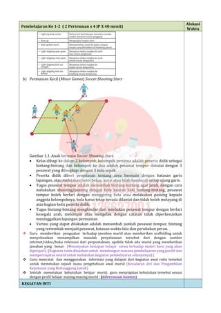 Pembelajaran Ke 1-2 ( 2 Pertemuan x 4 JP X 40 menit)
Alokasi
Waktu
b) Permainan Kecil (Minor Games) Soccer Shooting Stars
Gambar 1.1. Anak bermain Soccer Shooting Stars
 Kelas dibagi ke dalam 2 kelompok, kelompok pertama adalah peserta didik sebagai
bintang-bintang dan kelompok ke dua adalah pesawat tempur dimulai dengan 3
pesawat yang dilengkapi dengan 3 bola sepak.
 Peserta didik diberi penjelasan tentang area bermain dengan batasan garis
lapangan, atau meletakan botol bekas, kursi atau bilah bambu di setiap ujung garis.
 Tugas pesawat tempur adalah menembak bintang-bintang agar jatuh, dengan cara
melakukan shooting/passing dengan bola kearah kaki bintang-bintang, pesawat
tempur boleh berlari dengan menggiring bola atau melakukan passing kepada
anggota kelompoknya, bola harus tetap berada dilantai dan tidak boleh melayang di
atas bagian betis peserta didik.
 Tugas bintang-bintang menghindar dari tembakan pesawat tempur dengan berlari
kesegala arah, melompat atau mengelak dengan catatan tidak diperkenankan
meninggalkan lapangan permainan
 Variasi yang dapat dilakukan adalah menambah jumlah pesawat tempur, bintang
yang tertembak menjadi pesawat, batasan waktu lalu dan perubahan peran.
 Guru memberikan penguatan terhadap jawaban murid atau memberikan scaffolding untuk
menyelesaikan menampilkan masalah penyelesaian tersebut dari dengan sumber
internet/video/buku referensi dari perpustakaan, apabila tidak ada murid yang memberikan
jawaban yang benar. (Menanyakan kesiapan belajar siswa terhadap materi baru yang akan
dipelajari). (Kegiatan rutin ditujukan untuk membangun suasana pembelajaran yang positif dan
mempersiapkan murid untuk melakukan kegiatan pembelajaran selanjutnya) (
 Guru mencatat dan menggunakan informasi yang didapat dari kegiatan awal rutin tersebut
untuk memetakan sejauh mana pengetahuan awal murid (Kesadaran diri dan Pengambilan
Keputusan yang Bertanggung Jawab)
 Setelah memetakan kebutuhan belajar murid, guru menyiapkan kebutuhan tersebut sesuai
dengan profil belajar masing-masing murid : (diferensiasi konten)
KEGIATAN INTI
 