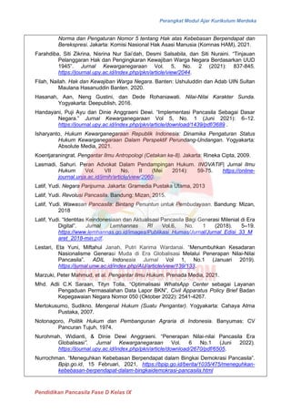 Perangkat Modul Ajar Kurikulum Merdeka
Pendidikan Pancasila Fase D Kelas IX
Norma dan Pengaturan Nomor 5 tentang Hak atas Kebebasan Berpendapat dan
Berekspresi. Jakarta: Komisi Nasional Hak Asasi Manusia (Komnas HAM), 2021.
Farahdiba, Siti Zikrina, Nisrina Nur Sai’dah, Desmi Salsabila, dan Siti Nuraini. “Tinjauan
Pelanggaran Hak dan Pengingkaran Kewajiban Warga Negara Berdasarkan UUD
1945”. Jurnal Kewarganegaraan Vol. 5, No. 2 (2021): 837-845.
https://journal.upy.ac.id/index.php/pkn/article/view/2044.
Filah, Nailah. Hak dan Kewajiban Warga Negara. Banten: Ushuluddin dan Adab UIN Sultan
Maulana Hasanuddin Banten. 2020.
Hasanah, Aan, Neng Gustini, dan Dede Rohaniawati. Nilai-Nilai Karakter Sunda.
Yogyakarta: Deepublish, 2016.
Handayani, Puji Ayu dan Dinie Anggraeni Dewi. “Implementasi Pancasila Sebagai Dasar
Negara.” Jurnal Kewarganegaraan Vol 5, No. 1 (Juni 2021): 6‒12.
https://journal.upy.ac.id/index.php/pkn/article/download/1439/pdf/3689 .
Isharyanto, Hukum Kewarganegaraan Republik Indonesia: Dinamika Pengaturan Status
Hukum Kewarganegaraan Dalam Perspektif Perundang-Undangan. Yogyakarta:
Absolute Media, 2021.
Koentjaraningrat. Pengantar Ilmu Antropologi (Cetakan ke-8). Jakarta: Rineka Cipta, 2009.
Lasmadi, Sahuri. Peran Advokat Dalam Pendampingan Hukum. INOVATIF| Jurnal Ilmu
Hukum Vol. VII No. II (Mei 2014): 59-75. https://online-
journal.unja.ac.id/jimih/article/view/2060.
Latif, Yudi. Negara Paripurna. Jakarta: Gramedia Pustaka Utama, 2013
Latif, Yudi. Revolusi Pancasila. Bandung: Mizan, 2015.
Latif, Yudi. Wawasan Pancasila: Bintang Penuntun untuk Pembudayaan. Bandung: Mizan,
2018
Latif, Yudi. “Identitas Keindonesiaan dan Aktualisasi Pancasila Bagi Generasi Milenial di Era
Digital”. Jurnal Lemhannas RI Vol.6, No. 1 (2018). 5‒19.
https://www.lemhannas.go.id/images/Publikasi_Humas/Jurnal/Jurnal_Edisi_33_M
aret_2018-min.pdf.
Lestari, Eta Yuni, Miftahul Janah, Putri Karima Wardanai. “Menumbuhkan Kesadaran
Nasionalisme Generasi Muda di Era Globalisasi Melalui Penerapan Nilai-Nilai
Pancasila”. ADIL Indonesia Jurnal Vol 1, No.1 (Januari 2019).
https://jurnal.unw.ac.id/index.php/AIJ/article/view/139/133.
Marzuki, Peter Mahmud, et al. Pengantar Ilmu Hukum. Prenada Media, 2021.
Mhd. Adli C.K Saraan, Tityn Tolla, “Optimalisasi WhatsApp Center sebagai Layanan
Pengaduan Permasalahan Data Lapor BKN”, Civil Apparatus Policy Brief Badan
Kepegawaian Negara Nomor 050 (Oktober 2022): 2541-4267.
Mertokusumo, Sudikno. Mengenal Hukum (Suatu Pengantar). Yogyakarta: Cahaya Atma
Pustaka, 2007.
Notonagoro, Politik Hukum dan Pembangunan Agraria di Indonesia. Banyumas: CV
Pancuran Tujuh, 1974.
Nurohmah, Widianti, & Dinie Dewi Anggraeni. “Penerapan Nilai-nilai Pancasila Era
Globalisasi”. Jurnal Kewarganegaraan Vol. 6 No.1 (Juni 2022).
https://journal.upy.ac.id/index.php/pkn/article/download/2670/pdf/6505.
Nurrochman. “Meneguhkan Kebebasan Berpendapat dalam Bingkai Demokrasi Pancasila”.
Bpip.go.id, 15 Februari, 2021, https://bpip.go.id/berita/1035/475/meneguhkan-
kebebasan-berpendapat-dalam-bingkaidemokrasi-pancasila.html
 