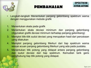 Spektrom
                                                          eter Atom
                       PEMBAHASAN

• Langkah-langkah Menentukan panjang gelombang spektrum warna
  dengan menggunakan metode grafik

1. Menentukan skala pada grafik
2. Menentukan skala deviasi minimum dan panjang gelombang
   (digunakan grafik deviasi minimum terhadap panjang gelombang)
3. Memplot titik-titik sudut deviasi yang merupakan hasil dari percobaan
   yang dilakukan
4. Memplot panjang gelombang Merkuri dari tiap spektrum warna
   sesuai acuan panjang gelombang Merkuri yang ada pada pustaka.
5. Menentukan titik potong yang didapat antara panjang gelombang
   dan sudut deviasi dari tiap spektrum. Kemudian tarik garis
   penghubung tiap titik potong yang didapat.
 