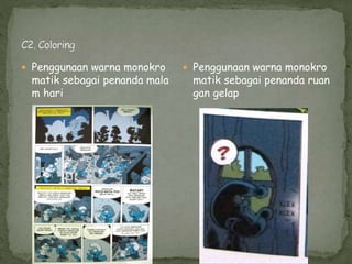  Penggunaan warna monokro
matik sebagai penanda mala
m hari
 Penggunaan warna monokro
matik sebagai penanda ruan
gan gelap
 
