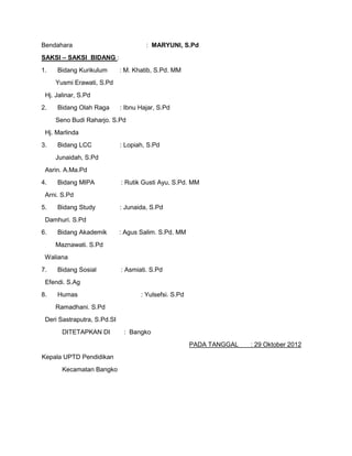 Bendahara : MARYUNI, S.Pd
SAKSI – SAKSI BIDANG :
1. Bidang Kurikulum : M. Khatib, S.Pd. MM
Yusmi Erawati, S.Pd
Hj. Jalinar, S.Pd
2. Bidang Olah Raga : Ibnu Hajar, S.Pd
Seno Budi Raharjo. S.Pd
Hj. Marlinda
3. Bidang LCC : Lopiah, S.Pd
Junaidah, S.Pd
Asrin. A.Ma.Pd
4. Bidang MIPA : Rutik Gusti Ayu, S.Pd. MM
Arni. S.Pd
5. Bidang Study : Junaida, S.Pd
Damhuri. S.Pd
6. Bidang Akademik : Agus Salim. S.Pd. MM
Maznawati. S.Pd
Waliana
7. Bidang Sosial : Asmiati. S.Pd
Efendi. S.Ag
8. Humas : Yulsefsi. S.Pd
Ramadhani. S.Pd
Deri Sastraputra, S.Pd.SI
DITETAPKAN DI : Bangko
PADA TANGGAL : 29 Oktober 2012
Kepala UPTD Pendidikan
Kecamatan Bangko
 