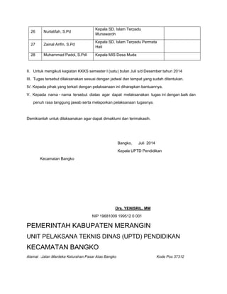 26 Nurlatifah, S.Pd
Kepala SD. Islam Terpadu
Munawaroh
27 Zainal Arifin, S.Pd
Kepala SD. Islam Terpadu Permata
Hati
28 Muhammad Padol, S.PdI Kepala MIS Desa Muda
II. Untuk mengikuti kegiatan KKKS semester I (satu) bulan Juli s/d Desember tahun 2014
III. Tugas tersebut dilaksanakan sesuai dengan jadwal dan tempat yang sudah ditentukan.
IV. Kepada pihak yang terkait dengan pelaksanaan ini diharapkan bantuannya.
V. Kepada nama - nama tersebut diatas agar dapat melaksanakan tugas ini dengan baik dan
penuh rasa tanggung jawab serta melaporkan pelaksanaan tugasnya.
Demikianlah untuk dilaksanakan agar dapat dimaklumi dan terimakasih.
Bangko, Juli 2014
Kepala UPTD Pendidikan
Kecamatan Bangko
Drs. YENISRIL, MM
NIP 19681009 199512 0 001
PEMERINTAH KABUPATEN MERANGIN
UNIT PELAKSANA TEKNIS DINAS (UPTD) PENDIDIKAN
KECAMATAN BANGKO
Alamat :Jalan Mardeka Kelurahan Pasar Atas Bangko Kode Pos 37312
 