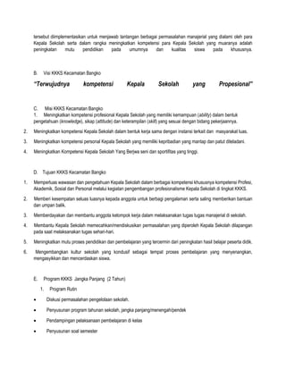 tersebut diimplementasikan untuk menjawab tantangan berbagai permasalahan manajerial yang dialami oleh para
Kepala Sekolah serta dalam rangka meningkatkan kompetensi para Kepala Sekolah yang muaranya adalah
peningkatan mutu pendidikan pada umumnya dan kualitas siswa pada khususnya.
B. Visi KKKS Kecamatan Bangko
“Terwujudnya kompetensi Kepala Sekolah yang Propesional”
C. Misi KKKS Kecamatan Bangko
1. Meningkatkan kompetensi profesional Kepala Sekolah yang memiliki kemampuan (ability) dalam bentuk
pengetahuan (knowledge), sikap (attitude) dan keterampilan (skill) yang sesuai dengan bidang pekerjaannya.
2. Meningkatkan kompetensi Kepala Sekolah dalam bentuk kerja sama dengan instansi terkait dan masyarakat luas.
3. Meningkatkan kompetensi personal Kepala Sekolah yang memiliki kepribadian yang mantap dan patut diteladani.
4. Meningkatkan Kompetensi Kepala Sekolah Yang Berjwa seni dan sportifitas yang tinggi.
D. Tujuan KKKS Kecamatan Bangko
1. Memperluas wawasan dan pengetahuan Kepala Sekolah dalam berbagai kompetensi khususnya kompetensi Profesi,
Akademik, Sosial dan Personal melalui kegiatan pengembangan profesionalisme Kepala Sekolah di tingkat KKKS.
2. Memberi kesempatan seluas luasnya kepada anggota untuk berbagi pengalaman serta saling memberikan bantuan
dan umpan balik.
3. Memberdayakan dan membantu anggota kelompok kerja dalam melaksanakan tugas tugas manajerial di sekolah.
4. Membantu Kepala Sekolah memecahkan/mendiskusikan permasalahan yang diperoleh Kepala Sekolah dilapangan
pada saat melaksanakan tugas sehari-hari.
5. Meningkatkan mutu proses pendidikan dan pembelajaran yang tercermin dari peningkatan hasil belajar peserta didik.
6. Mengembangkan kultur sekolah yang kondusif sebagai tempat proses pembelajaran yang menyenangkan,
mengasyikkan dan mencerdaskan siswa.
E. Program KKKS Jangka Panjang (2 Tahun)
1. Program Rutin
 Diskusi permasalahan pengelolaan sekolah.
 Penyusunan program tahunan sekolah, jangka panjang/menengah/pendek
 Pendampingan pelaksanaan pembelajaran di kelas
 Penyusunan soal semester
 