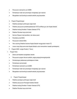  Penyusunan soal-soal try out UASBN
 Pembahasan materi dan pemantapan menghadapi ujian nasional.
 Mengadakan studi banding ke sekolah-sekolah yang berprestasi
2. Program Pengembangan
 Pelatihan penetapan perhitungan angka kredit
 Pelatihan penyusunan portofolio/pelaksanaan PLPG sertifikasi guru dan Kepala Sekolah
 Pelatihan tentang Penelitian Tindakan Sekoloah (PTS)
 Pelatihan Penulisan karya tulis ilmiah
 Seminar (Paparan hasil penelitian), dan diskusi panel.
 Penerbitan jurnal KKKS
 Penyusunan website KKKS
 Peer coaching (Pelatihan bersama Kepala Sekolah menggunakan media ICT)
 Lesson study (Kerja sama antar Kepala Sekolah untuk memecahkan masalah pembelajaran)
F. Program KKKS Jangka Pendek (1 Tahun)
1. Program Rutin
 Diskusi permasalahan pengelolaan sekolah.
 Penyusunan program tahunan sekolah, jangka panjang/menengah/pendek
 Pendampingan pelaksanaan pembelajaran di kelas
 Pembahasan soal semester
 Pembahasan soal-soal try out UASBN
 Pembahasan materi dan pemantapan menghadapi ujian nasional.
 Mengadakan studi banding ke sekolah-sekolah yang berprestasi
2. Program Pengembangan
 Pelatihan penetapan perhitungan angka kredit
 Pelatihan penyusunan Perangkat Areditasi Sekolah
 Pelatihan tentang Penelitian Tindakan Sekoloah (PTS)
 Pelatihan Penulisan karya tulis ilmiah
 