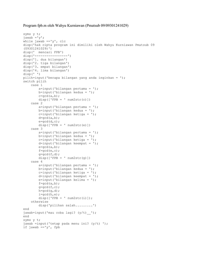 Contoh program matlab | DOCX