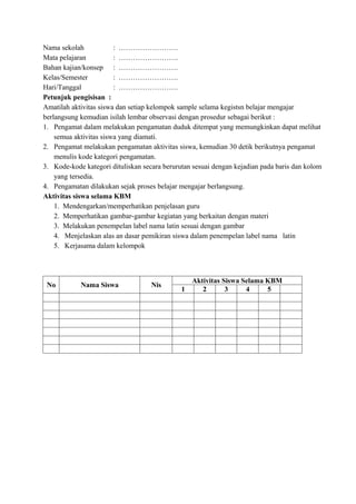 Nama sekolah            : …………………….
Mata pelajaran          : …………………….
Bahan kajian/konsep : …………………….
Kelas/Semester          : …………………….
Hari/Tanggal            : …………………….
Petunjuk pengisisan :
Amatilah aktivitas siswa dan setiap kelompok sample selama kegistsn belajar mengajar
berlangsung kemudian isilah lembar observasi dengan prosedur sebagai berikut :
1. Pengamat dalam melakukan pengamatan duduk ditempat yang memungkinkan dapat melihat
    semua aktivitas siswa yang diamati.
2. Pengamat melakukan pengamatan aktivitas siswa, kemudian 30 detik berikutnya pengamat
    menulis kode kategori pengamatan.
3. Kode-kode kategori dituliskan secara berurutan sesuai dengan kejadian pada baris dan kolom
    yang tersedia.
4. Pengamatan dilakukan sejak proses belajar mengajar berlangsung.
Aktivitas siswa selama KBM
    1. Mendengarkan/memperhatikan penjelasan guru
    2. Memperhatikan gambar-gambar kegiatan yang berkaitan dengan materi
    3. Melakukan penempelan label nama latin sesuai dengan gambar
    4. Menjelaskan alas an dasar pemikiran siswa dalam penempelan label nama latin
    5. Kerjasama dalam kelompok



                                                  Aktivitas Siswa Selama KBM
 No         Nama Siswa              Nis
                                              1      2       3     4     5
 