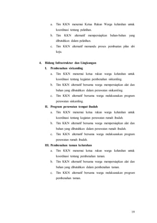 19
a. Tim KKN menemui Ketua Rukun Warga kelurahan untuk
koordinasi tentang pelatihan.
b. Tim KKN alternatif mempersiapkan bahan-bahan yang
dibutuhkan dalam pelatihan.
c. Tim KKN alternatif memandu proses pembuatan pilus ubi
keju.
4. Bidang Infrastruktur dan Lingkungan
I. Pembenahan siskamling
a. Tim KKN menemui ketua rukun warga kelurahan untuk
koordinasi tentang kegiatan pembenahan siskamling.
b. Tim KKN alternatif bersama warga mempersiapkan alat dan
bahan yang dibutuhkan dalam perawatan sisikamling.
c. Tim KKN alternatif bersama warga melaksanakan program
perawatan siskamling.
II. Program perawatan tempat ibadah
a. Tim KKN menemui ketua rukun warga kelurahan untuk
koordinasi tentang kegiatan perawatan rumah ibadah.
b. Tim KKN alternatif bersama warga mempersiapkan alat dan
bahan yang dibutuhkan dalam perawatan rumah ibadah.
c. Tim KKN alternatif bersama warga melaksanakan program
perawatan rumah ibadah.
III. Pembenahan taman kelurahan
a. Tim KKN menemui ketua rukun warga kelurahan untuk
koordinasi tentang pembenahan taman.
b. Tim KKN alternatif bersama warga mempersiapkan alat dan
bahan yang dibutuhkan dalam pembenahan taman.
c. Tim KKN alternatif bersama warga melaksanakan program
pembenahan taman.
 