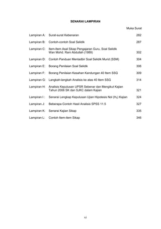 xi
SENARAI LAMPIRAN
Muka Surat
Lampiran A: Surat-surat Kebenaran 282
Lampiran B: Contoh-contoh Soal Selidik 287
Lampiran C: Item-Item Asal Sikap Pengajaran Guru, Soal Selidik
Wan Mohd. Rani Abdullah (1989) 302
Lampiran D: Contoh Panduan Mentadbir Soal Selidik Murid (SSM) 304
Lampiran E: Borang Penilaian Soal Selidik 306
Lampiran F: Borang Penilaian Kesahan Kandungan 40 Item SSG 309
Lampiran G: Langkah-langkah Analisis ke atas 40 Item SSG 314
Lampiran H: Analisis Keputusan UPSR Sebenar dan Mengikut Kajian
Tahun 2006 SK dan SJKC dalam Kajian 321
Lampiran I : Senarai Lengkap Keputusan Ujian Hipotesis Nol (H0) Kajian 324
Lampiran J: Beberapa Contoh Hasil Analisis SPSS 11.5 327
Lampiran K: Senarai Kajian Sikap 335
Lampiran L: Contoh Item-item Sikap 346
 