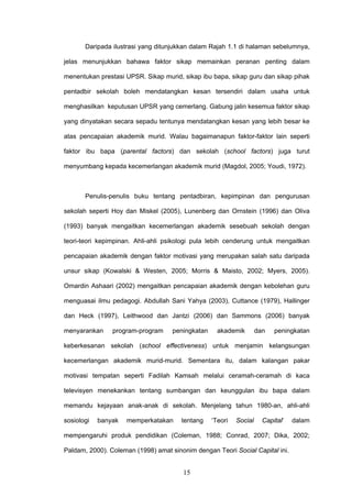 15
Daripada ilustrasi yang ditunjukkan dalam Rajah 1.1 di halaman sebelumnya,
jelas menunjukkan bahawa faktor sikap memainkan peranan penting dalam
menentukan prestasi UPSR. Sikap murid, sikap ibu bapa, sikap guru dan sikap pihak
pentadbir sekolah boleh mendatangkan kesan tersendiri dalam usaha untuk
menghasilkan keputusan UPSR yang cemerlang. Gabung jalin kesemua faktor sikap
yang dinyatakan secara sepadu tentunya mendatangkan kesan yang lebih besar ke
atas pencapaian akademik murid. Walau bagaimanapun faktor-faktor lain seperti
faktor ibu bapa (parental factors) dan sekolah (school factors) juga turut
menyumbang kepada kecemerlangan akademik murid (Magdol, 2005; Youdi, 1972).
Penulis-penulis buku tentang pentadbiran, kepimpinan dan pengurusan
sekolah seperti Hoy dan Miskel (2005), Lunenberg dan Ornstein (1996) dan Oliva
(1993) banyak mengaitkan kecemerlangan akademik sesebuah sekolah dengan
teori-teori kepimpinan. Ahli-ahli psikologi pula lebih cenderung untuk mengaitkan
pencapaian akademik dengan faktor motivasi yang merupakan salah satu daripada
unsur sikap (Kowalski & Westen, 2005; Morris & Maisto, 2002; Myers, 2005).
Omardin Ashaari (2002) mengaitkan pencapaian akademik dengan kebolehan guru
menguasai ilmu pedagogi. Abdullah Sani Yahya (2003), Cuttance (1979), Hallinger
dan Heck (1997), Leithwood dan Jantzi (2006) dan Sammons (2006) banyak
menyarankan program-program peningkatan akademik dan peningkatan
keberkesanan sekolah (school effectiveness) untuk menjamin kelangsungan
kecemerlangan akademik murid-murid. Sementara itu, dalam kalangan pakar
motivasi tempatan seperti Fadilah Kamsah melalui ceramah-ceramah di kaca
televisyen menekankan tentang sumbangan dan keunggulan ibu bapa dalam
memandu kejayaan anak-anak di sekolah. Menjelang tahun 1980-an, ahli-ahli
sosiologi banyak memperkatakan tentang ‘Teori Social Capital’ dalam
mempengaruhi produk pendidikan (Coleman, 1988; Conrad, 2007; Dika, 2002;
Paldam, 2000). Coleman (1998) amat sinonim dengan Teori Social Capital ini.
 