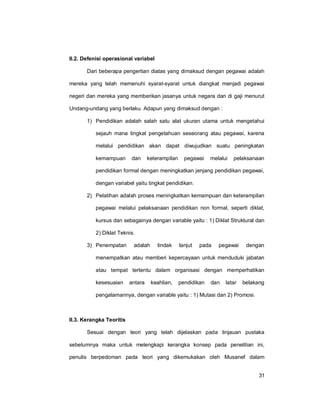 31
II.2. Defenisi operasional variabel
Dari beberapa pengertian diatas yang dimaksud dengan pegawai adalah
mereka yang telah memenuhi syarat-syarat untuk diangkat menjadi pegawai
negeri dan mereka yang memberikan jasanya untuk negara dan di gaji menurut
Undang-undang yang berlaku. Adapun yang dimaksud dengan :
1) Pendidikan adalah salah satu alat ukuran utama untuk mengetahui
sejauh mana tingkat pengetahuan seseorang atau pegawai, karena
melalui pendidikan akan dapat diwujudkan suatu peningkatan
kemampuan dan keterampilan pegawai melalui pelaksanaan
pendidikan formal dengan meningkatkan jenjang pendidikan pegawai,
dengan variabel yaitu tingkat pendidikan.
2) Pelatihan adalah proses meningkatkan kemampuan dan keterampilan
pegawai melalui pelaksanaan pendidikan non formal, seperti diklat,
kursus dan sebagainya dengan variable yaitu : 1) Diklat Struktural dan
2) Diklat Teknis.
3) Penempatan adalah tindak lanjut pada pegawai dengan
menempatkan atau memberi kepercayaan untuk menduduki jabatan
atau tempat tertentu dalam organisasi dengan memperhatikan
kesesuaian antara keahlian, pendidikan dan latar belakang
pengalamannya, dengan variable yaitu : 1) Mutasi dan 2) Promosi.
II.3. Kerangka Teoritis
Sesuai dengan teori yang telah dijelaskan pada tinjauan pustaka
sebelumnya maka untuk melengkapi kerangka konsep pada penelitian ini,
penulis berpedoman pada teori yang dikemukakan oleh Musanef dalam
 