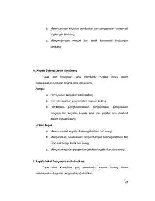 47
b. Merencanakan kegiatan pembinaan dan pengawasan konservasi
lingkungan tambang.
c. Mengembangan metode dan teknik konservasi lingkungan
tambang.
k. Kepala Bidang Listrik dan Energi
Tugas dan Kewajiban yaitu membantu Kepala Dinas dalam
melaksanakan kegiatan bidang listrik dan energi
Fungsi
a. Penyusunan kebijakan teknis bidang
b. Penyelenggaraan program dan kegiatan bidang
c. Pembinaan, pengkoordinasian, pengendalian, pengawasan
program dan kegiatan kepala seksi dan pejabat non stuktural
dalam lingkup bidang
Uraian Tugas
a. Merencanakan kegiatan ketenagalistrikan dan energi.
b. Mengarahkan pelaksanaan pengembangan ketenagalistrikan dan
produksi tenaga listrik dan energi.
c. Mengatur kegiatan pengembangan ketenagalistrikan dan energi.
l. Kepala Seksi Pengusahaan Kelistrikan
Tugas dan Kewajiban yaitu membantu Kepala Bidang dalam
melaksanakan kegiatan pengusahaan kelistrikan.
 