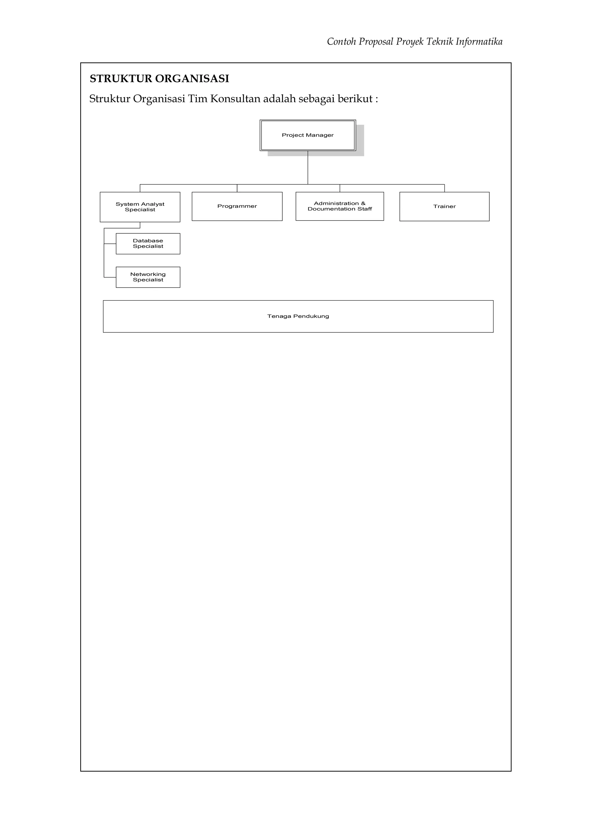 Contoh Proposal Proyek Teknik Informatika


STRUKTUR ORGANISASI
Struktur Organisasi Tim Konsultan adalah sebagai berikut :


                                         Project Manager




     System Analyst                              Administration &
                         Programmer                                           Trainer
       Specialist                               Documentation Staff




         Database
         Specialist




         Networking
          Specialist




                                      Tenaga Pendukung
 