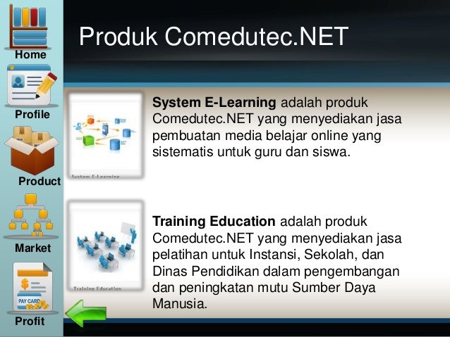Produk Comedutec.NET
Training Education adalah produk
Comedutec.NET yang menyediakan jasa
pelatihan untuk Instansi, Sekolah, dan
Dinas Pendidikan dalam pengembangan
dan peningkatan mutu Sumber Daya
Manusia.
System E-Learning adalah produk
Comedutec.NET yang menyediakan jasa
pembuatan media belajar online yang
sistematis untuk guru dan siswa.
Home
Profile
Product
Market
Profit
 