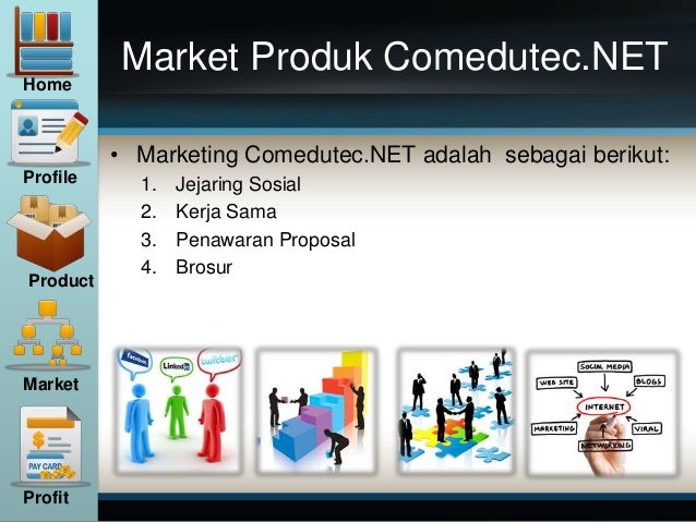 Market Produk Comedutec.NET
• Marketing Comedutec.NET adalah sebagai berikut:
1. Jejaring Sosial
2. Kerja Sama
3. Penawaran Proposal
4. Brosur
Home
Profile
Product
Market
Profit
 