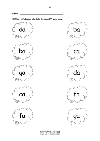 10
NORYUSMANIA JUNAIDI
(UPSI DIP PAKK 2010/2011)
NAMA : _____________________________________
ARAHAN : Padankan suku kata terbuka (KV) yang sama.
ga
fa
fa
ca
da
ga
ca
ba
ba
da
 