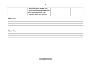 6
NORYUSMANIA JUNAIDI
(UPSI DIP PAKK 2010/2011)
kumpulkan semula lembaran kerja
tersebut dan menyemaknya kemudian.
5.Guru bertanya pendapat murid
mengenai aktiviti yang dijalankan.
Refleksi Guru:
__________________________________________________________________________________________________________________
__________________________________________________________________________________________________________________
__________________________________________________________________________________________________________________
Refleksi Murid:
__________________________________________________________________________________________________________________
__________________________________________________________________________________________________________________
__________________________________________________________________________________________________________________
 