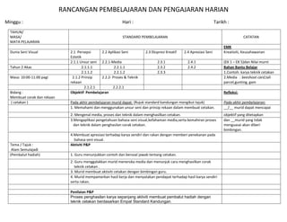 RANCANGAN PEMBELAJARAN DAN PENGAJARAN HARIAN
Minggu :                                                      Hari :                                                   Tarikh :
  TAHUN/
  MASA/                                                       STANDARD PEMBELAJARAN                                                     CATATAN
  MATA PELAJARAN
                                                                                                                            EMK
  Dunia Seni Visual             2.1 Persepsi     2.2 Aplikasi Seni         2.3 Ekspresi Kreatif   2.4 Apresiasi Seni        Kreativiti, Keusahawanan
                                Estetik
                                2.1.1 Unsur seni 2.2.1-Media                      2.3.1             2.4.1                   (EK 1 – EK 5)dan Nilai murni
  Tahun 2 Akas                         2.1.1.1           2.2.1.1                  2.3.2             2.4.2                   Bahan Bantu Belajar
                                       2.1.1.2           2.2.1.2                  2.3.3                                     1.Contoh: karya teknik cetakan
  Masa: 10:00-11:00 pagi         2.1.2 Prinsip   2.2.2- Proses & Teknik                                                     2.Media : beeshoot card,tali
                                rekaan                                                                                      parcel,gunting, gam
                                         2.1.2.1        2.2.2.1
  Bidang :                      Objektif Pembelajaran                                                                       Refleksi:
  Membuat corak dan rekaan
  ( cetakan )                   Pada akhir pembelajaran murid dapat: (Rujuk standard kandungan mengikut tajuk)              Pada akhir pembelajaran:
                                1. Memahami dan menggunakan unsur seni dan prinsip rekaan dalam membuat cetakan.            __/__ murid dapat mencapai
                                2. Mengenal media, proses dan teknik dalam menghasilkan cetakan.                            objektif yang ditetapkan
                                3.Mengaplikasi pengetahuan bahasa seni visual,kefahaman media,serta kemahiran proses        dan __murid yang tidak
                                  dan teknik dalam penghasilan corak cetakan.                                               menguasai akan diberi
                                                                                                                            bimbingan.
                                4.Membuat apresiasi terhadap karya sendiri dan rakan dengan memberi penekanan pada
                                  bahasa seni visual.
  Tema / Tajuk :                Aktiviti P&P
   Alam Semulajadi
  (Pembalut hadiah)             1. Guru menunjukkan contoh dan bersoal jawab tentang cetakan.
                                2. Guru menggalakkan murid meneroka media dan menunjuk cara menghasilkan corak
                                   teknik cetakan .
                                3. Murid membuat aktiviti cetakan dengan bimbingan guru.
                                4. Murid mempamerkan hasil kerja dan menyatakan pendapat terhadap hasil karya sendiri
                                serta rakan.

                                Penilaian P&P
                                Proses penghasilan karya sepanjang aktiviti membuat pembalut hadiah dengan
                                teknik cetakan berdasarkan Empat Standard Kandungan.
 
