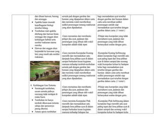 dan ribuan haiwan, burung    semula jadi dengan gambar dan         bagi memadankan ayat tersebut
   dan serangga.                huraian yang dipaparkan dalam carta   dengan gambar dan huraian dalam
 • Apabila hutan musnah         dan meminta wakil memberikan          carta serta membuat sedikit
   kepelbagaian biologi         sedikit penerangan tentang maklumat   penerangan setelah siap
   tersebut hilang.             yang akan dipadankan.                 memadankan ayat tersebut dengan
 • Tumbuhan mati apabila                                              gambar dalam carta. ( 1 minit )
   ditebang dan haiwan besar,
   serangga dan unggas akan     -Guru memantau dan membantu           -Pelajar atau kumpulan yang tidak
   kehilangan habitat serta     pelajar jika ayat, padanan dan        memahami ayat, padanan dan
   sumber makanan utama         penerangan yang dibuat oleh wakil     penerangan yang telah dibuat
   mereka.                      kumpulan adalah tidak tepat.          bertanyakan soalan dengan guru.
 • Haiwan dan unggas akan
   berpindah ke kawasan yang
   lain yang masih ada sumber   -Guru meminta Kumpulan Kuning         -Kumpulan Kuning berbincang
   makanan.                     memilih dan memadankan satu           dalam kumpulan bagi memilih satu
                                daripada lima pilihan ayat di dalam   ayat paling tepat dari lima pilihan
                                sampul berkaitan kesan kegiatan       ayat di dalam sampul dan seorang
                                manusia terhadap tumbuh-tumbuhan      wakil kumpulan keluar ke hadapan
                                semula jadi dengan gambar dan         kelas bagi memadankan ayat
                                huraian yang dipaparkan dalam carta   tersebut dengan gambar dan
                                dan meminta wakil memberikan          huraian dalam carta serta membuat
                                sedikit penerangan tentang maklumat   sedikit penerangan setelah siap
                                yang akan dipadankan.                 memadankan ayat tersebut dengan
                                                                      gambar dalam carta. ( 1 minit )
4. Kehilangan Gen Tertentu
                                -Guru memantau dan membantu           -Pelajar atau kumpulan yang tidak
  • Sesetengah tumbuhan,
                                pelajar jika ayat, padanan dan        memahami ayat, padanan dan
    secara semula jadinya       penerangan yang dibuat oleh wakil     penerangan yang telah dibuat
    memang tidak terdapat di    kumpulan adalah tidak tepat.          bertanyakan soalan dengan guru.
    muka bumi.
  • Tumbuhan ini hanya          -Guru meminta Kumpulan Pink           -Kumpulan Pink berbincang dalam
    tumbuh dikawasan tertentu   memilih dan memadankan satu           kumpulan bagi memilih satu ayat
    sahaja dan spesiesnya       daripada lima pilihan ayat di dalam   paling tepat dari lima pilihan ayat di
    jarang ditemui.             sampul berkaitan kesan kegiatan       dalam sampul dan seorang wakil
  • Antara spesis tumbuhan      manusia terhadap hidupan liar         kumpulan keluar ke hadapan kelas
 