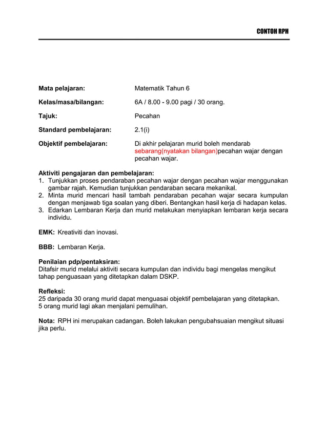 Contoh rph matematik tahun 6