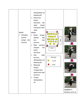 Mobiliti
 Ketingting
dinamik
dengan kaki
dominan
dibengkokkan ke
belakang 90°
 Kedua-dua
tangan
diluruskan dan
tapak tangan
menyentuh bahu
rakan
Mobiliti
 Berdiri dengan
sebelah kaki
iaitu kaki
dominan
 Mata pandang
hadapan dan
badan
diluruskan
 Kaki tidak
dominan
dibengkokkan ke
belakang 90°
 Melompat
dengan
menggunakan
bebola kaki (kaki
dominan)
 Tangan
dibengkokkan
45°
Lampiran 1:
Kawasan warm up
10.8m
9.5 m
Petunjuk:
murid
botol
 