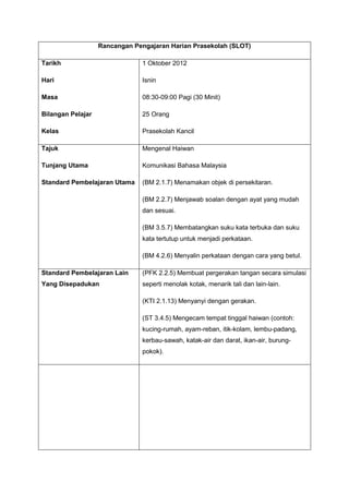 Rancangan Pengajaran Harian Prasekolah (SLOT)

Tarikh                          1 Oktober 2012

Hari                            Isnin

Masa                            08:30-09:00 Pagi (30 Minit)

Bilangan Pelajar                25 Orang

Kelas                           Prasekolah Kancil

Tajuk                           Mengenal Haiwan

Tunjang Utama                   Komunikasi Bahasa Malaysia

Standard Pembelajaran Utama     (BM 2.1.7) Menamakan objek di persekitaran.

                                (BM 2.2.7) Menjawab soalan dengan ayat yang mudah
                                dan sesuai.

                                (BM 3.5.7) Membatangkan suku kata terbuka dan suku
                                kata tertutup untuk menjadi perkataan.

                                (BM 4.2.6) Menyalin perkataan dengan cara yang betul.

Standard Pembelajaran Lain      (PFK 2.2.5) Membuat pergerakan tangan secara simulasi
Yang Disepadukan                seperti menolak kotak, menarik tali dan lain-lain.

                                (KTI 2.1.13) Menyanyi dengan gerakan.

                                (ST 3.4.5) Mengecam tempat tinggal haiwan (contoh:
                                kucing-rumah, ayam-reban, itik-kolam, lembu-padang,
                                kerbau-sawah, katak-air dan darat, ikan-air, burung-
                                pokok).
 