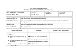 RANCANGAN PENDIDIKAN INDIVIDU
PROGRAM PENDIDIKAN KHAS INTEGRASI, SK BATU GAJAH
Nama : Muhd Iman Farhin bin Sazali

Tarikh Lahir:

Komponen: Bahasa Melayu

Tarikh Mula :
7 Februari 2011

Tarikh Semak:
25 April 2011

Umur : 11 Tahun

Pengetahuan sedia ada:

Iman pernah melihat haiwan, pelbagai warna dan bentuk

Matlamat Jangka Panjang:

Iman dapat mengajuk bunyi haiwan, mengecam persamaan warna, mengecam persamaan bentuk tanpa
bimbingan guru

Kekuatan/ Minat:

Boleh meniru sesuatu pergerakan berdasarkan video yang ditayangkan

Kelemahan/ Masalah:

Daya ingatan singkat

Objektif Jangka Pendek

Pendekatan

Iman dapat :

1. Mengajuk bunyi haiwan .(ayam, itik,

1. Mengecam dan meniru pergerakan guru

ular)
2. Menonton tayangan video berkaitan haiwan

2. Mengecam persamaan warna (merah,
biru, kuning)

3. Mengecam persamaan bentuk (bulat,
segi tiga, segi empat)

3. Mengasingkan warna mengikut kumpulan
3. Memadankan warna

Penilaian / Tarikh / Tanggungjawab.

 