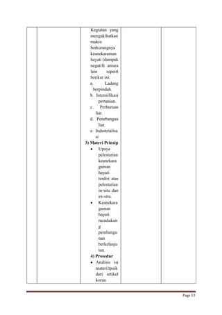 Kegiatan yang
mengakibatkan
makin
berkurangnya
keanekaraman
hayati (dampak
negatif) antara
lain
seperti
berikut ini:
a.
Ladang
berpindah.
b. Intensifikasi
pertanian.
c. Perburuan
liar.
d. Penebangan
liar.
e. Industrialisa
si
3) Materi Prinsip
Upaya
pelestarian
keanekara
gaman
hayati
terdiri atas
pelestarian
in-situ dan
ex-situ.
Keanekara
gaman
hayati
mendukun
g
pembangu
nan
berkelanju
tan.
4) Prosedur
Analisis isi
materi/tpoik
dari artikel
koran
Page 13

 
